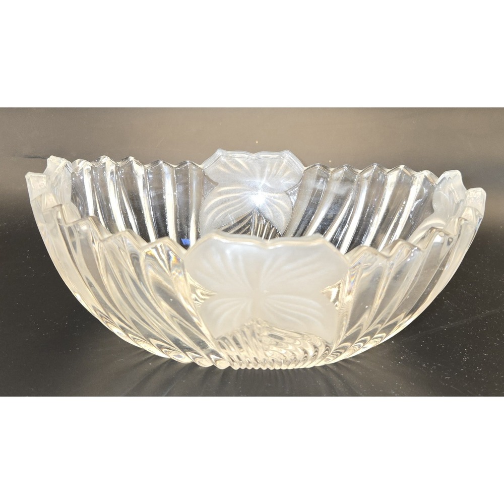 Crystal Oval Bowl Swirl With Etched Frosted Flowers‎ Sawtooth Edge 7"